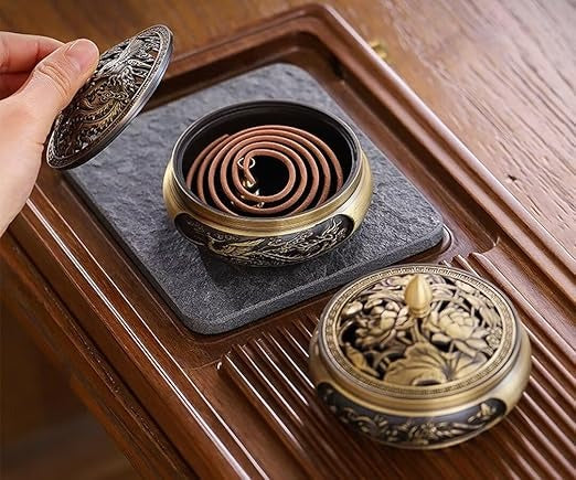 Bronze Incense Burner for Moxa & Coil Incense – Lotus Design Aromatherapy Holder with Fireproof Cotton, Antique Zen Style for Home Use