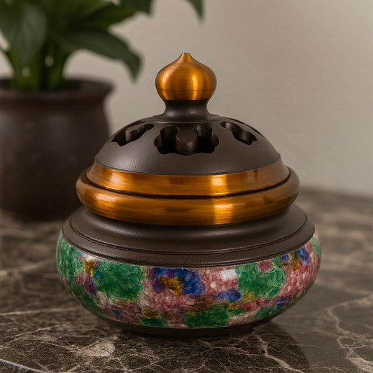 Handcrafted Enamel & Bronze Incense Burner — Aromatherapy Holder for Home, Meditation, and Zen Décor | Floral Cloisonné Design